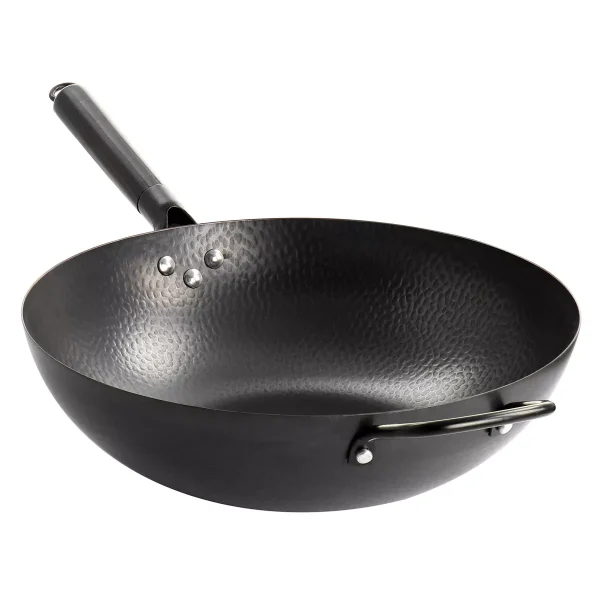Hammered 13 Inch Heavy Gauge Carbon Steel Wok in Black