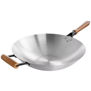 14in Stainless Steel Flat Bottom Wok with Wooden Handles